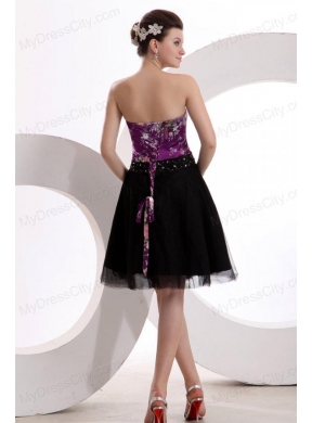 A-line Black and Purple Appliques Beading Tulle Strapless Prom Dress