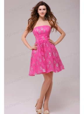 A-line Hot Pink Strapless Knee-length Prom Dress