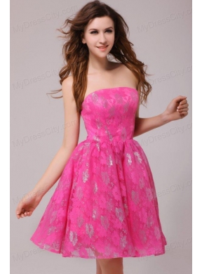 A-line Hot Pink Strapless Knee-length Prom Dress