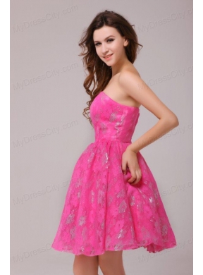 A-line Hot Pink Strapless Knee-length Prom Dress