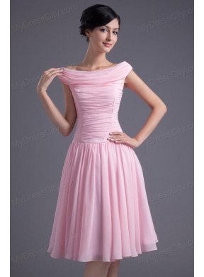 A-line Pink Off the Shoulder Chiffon Knee-length Ruching Prom Dress