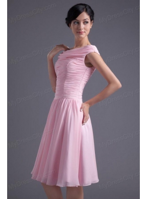 A-line Pink Off the Shoulder Chiffon Knee-length Ruching Prom Dress