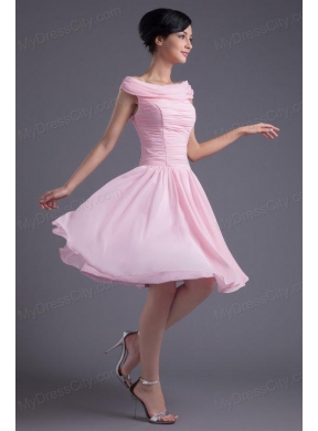 A-line Pink Off the Shoulder Chiffon Knee-length Ruching Prom Dress