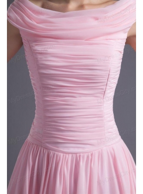 A-line Pink Off the Shoulder Chiffon Knee-length Ruching Prom Dress