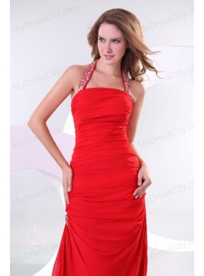 A-line Red Halter Top Neck Beaded Decorate Prom Dress with Side Zipper