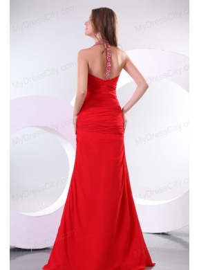 A-line Red Halter Top Neck Beaded Decorate Prom Dress with Side Zipper