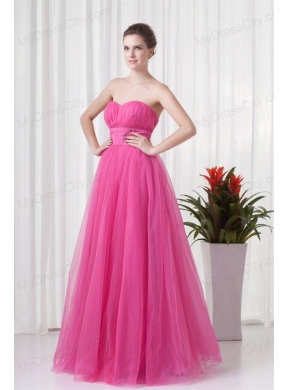 A-line Tulle Sweetheart Hot Pink Ruching Long Prom Dress