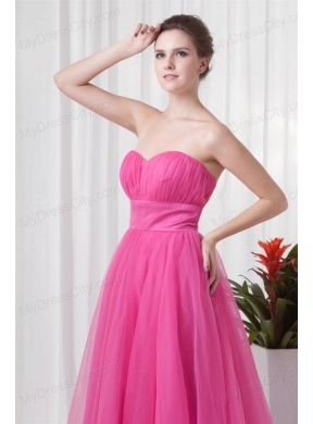 A-line Tulle Sweetheart Hot Pink Ruching Long Prom Dress