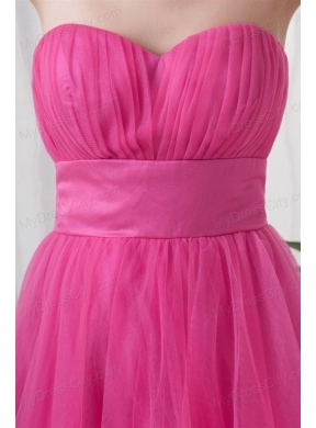 A-line Tulle Sweetheart Hot Pink Ruching Long Prom Dress