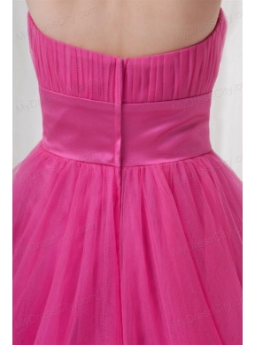 A-line Tulle Sweetheart Hot Pink Ruching Long Prom Dress