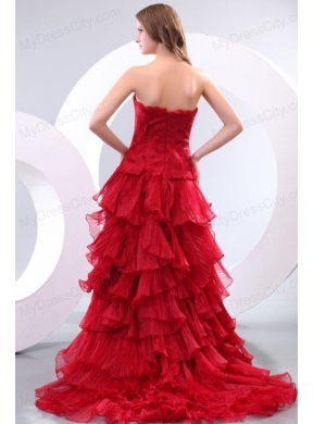 Affordable Princess Sweetheart Brush Train Organza Red Prom Dress