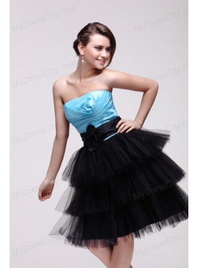 Aqua Blue and Black Short Prom Dress with Flowers and Layers