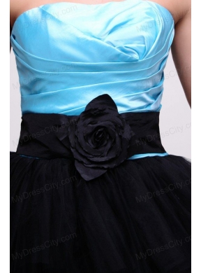 Aqua Blue and Black Short Prom Dress with Flowers and Layers