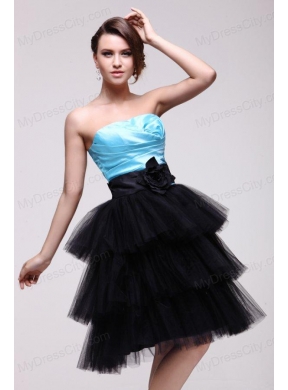 Aqua Blue and Black Short Prom Dress with Flowers and Layers