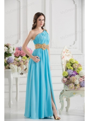 Aqua Blue Empire One Shoulder Floor-length High Slit Prom Dress