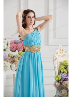 Aqua Blue Empire One Shoulder Floor-length High Slit Prom Dress