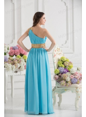 Aqua Blue Empire One Shoulder Floor-length High Slit Prom Dress