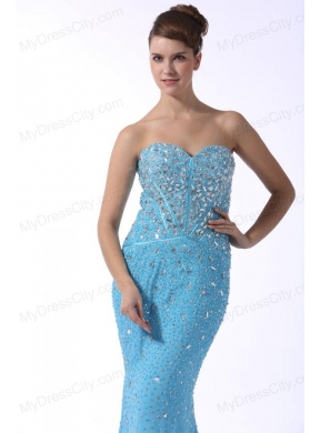 Aqua Blue Mermaid Sweetheart Brush Train Prom Dress with Beading