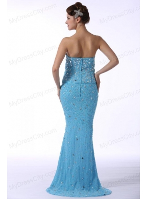 Aqua Blue Mermaid Sweetheart Brush Train Prom Dress with Beading