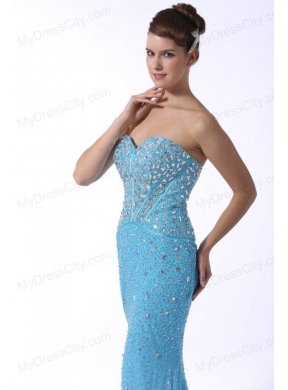 Aqua Blue Mermaid Sweetheart Brush Train Prom Dress with Beading