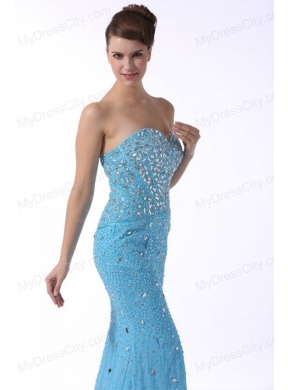 Aqua Blue Mermaid Sweetheart Brush Train Prom Dress with Beading