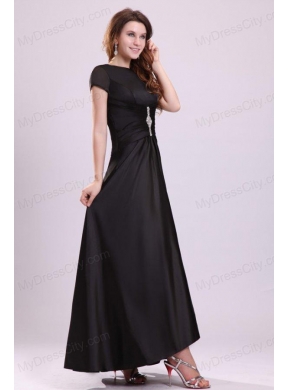 Bateau Black Beading Empire Ankle-length Prom Dress with Short Sleeves