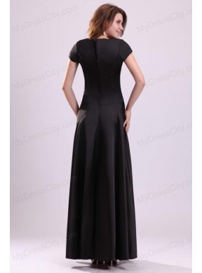 Bateau Black Beading Empire Ankle-length Prom Dress with Short Sleeves