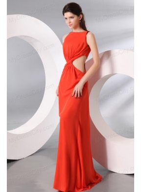 Bateau Coral Red Chiffon Ruche Long Prom Dress with Cut Out