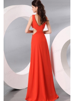 Bateau Coral Red Chiffon Ruche Long Prom Dress with Cut Out