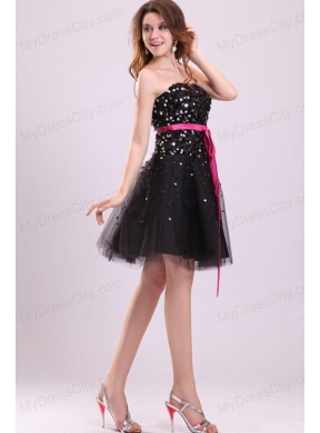 Black Strapless Prom Dress with Pink Sash and Sequins