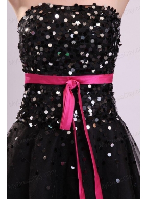 Black Strapless Prom Dress with Pink Sash and Sequins