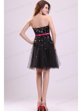 Black Strapless Prom Dress with Pink Sash and Sequins