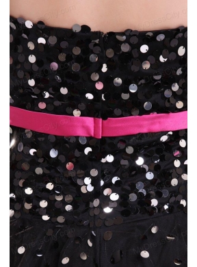 Black Strapless Prom Dress with Pink Sash and Sequins