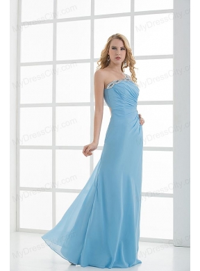 Blue Column One Shoulder Beading Chiffon Ruching Prom Dress