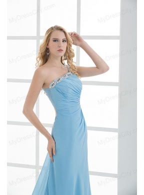 Blue Column One Shoulder Beading Chiffon Ruching Prom Dress