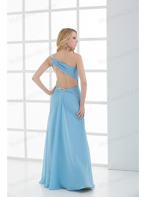 Blue Column One Shoulder Beading Chiffon Ruching Prom Dress