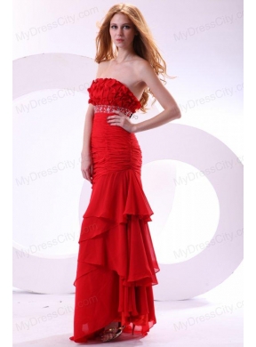 Brand new Column Strapless Ruching Brush Train Chiffon Red Prom Dress