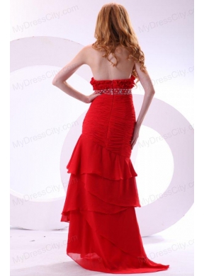 Brand new Column Strapless Ruching Brush Train Chiffon Red Prom Dress