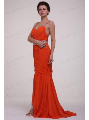 Brush Train Orange Red Spaghetti Straps Prom Dress with Beading