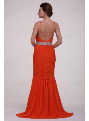 Brush Train Orange Red Spaghetti Straps Prom Dress with Beading