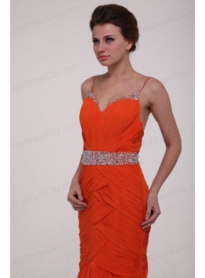 Brush Train Orange Red Spaghetti Straps Prom Dress with Beading