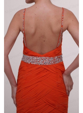 Brush Train Orange Red Spaghetti Straps Prom Dress with Beading