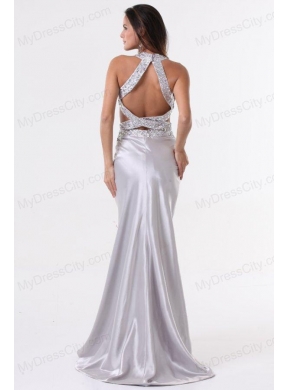 Brush Train Silver Column Halter Top Prom Dress with Beading