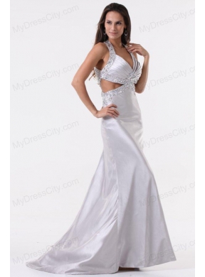 Brush Train Silver Column Halter Top Prom Dress with Beading