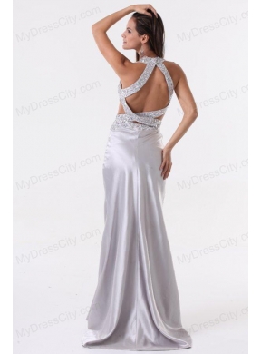 Brush Train Silver Column Halter Top Prom Dress with Beading