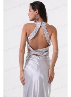 Brush Train Silver Column Halter Top Prom Dress with Beading