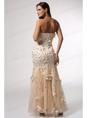 Champagne Mermaid Strapless Prom Dress with Flowers and Beading