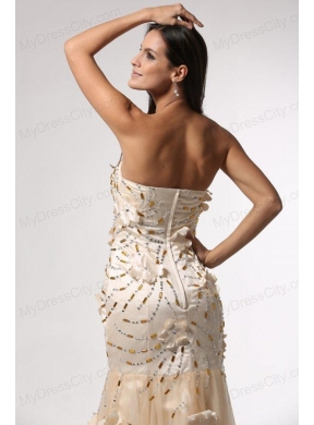 Champagne Mermaid Strapless Prom Dress with Flowers and Beading