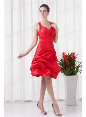 Cheap A-line Straps Knee-length Pick-ups Criss Cross Red Prom Dress