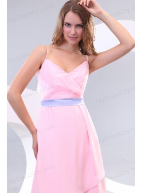 Cheap Baby Pink Spaghetti Straps High-low Prom Dress with Lavender Sash